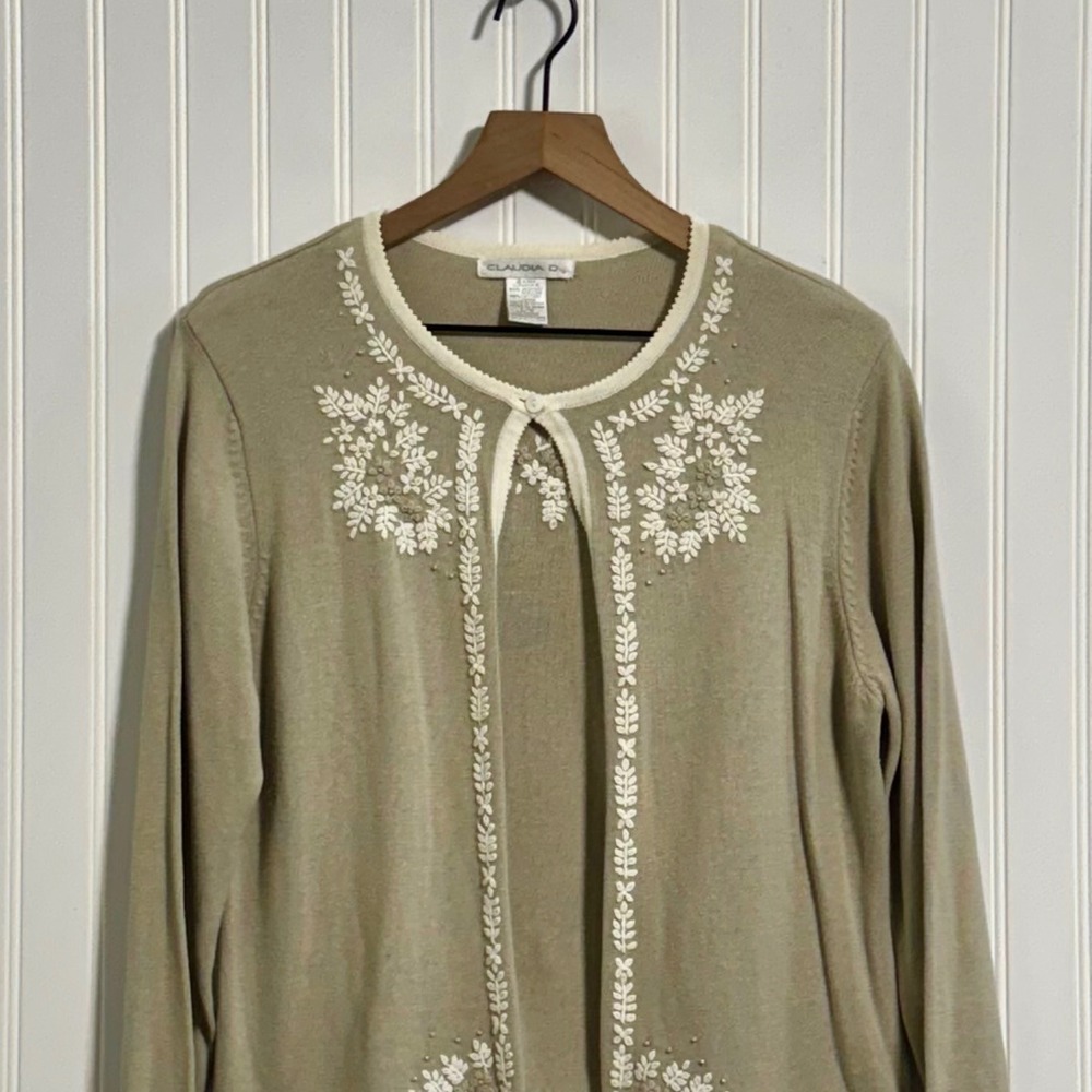 Claudia D. L Vintage 2000 Embroidered Beaded Cardigan Tan Khaki Academinc Boho View 2